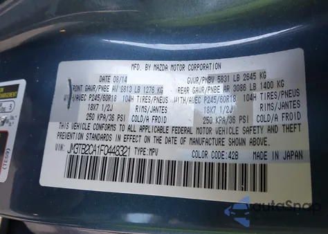 2015 Mazda Cx-9 Touring z USA, uszkodzony, nr VIN JM3TB2CA1F0448321